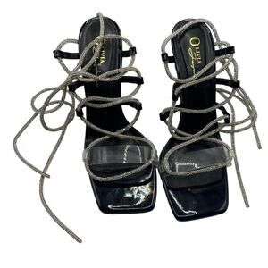 Olivia Jaymes Rhinestone Lace Up Heels Black Patent Clear Strap Size 8 formal